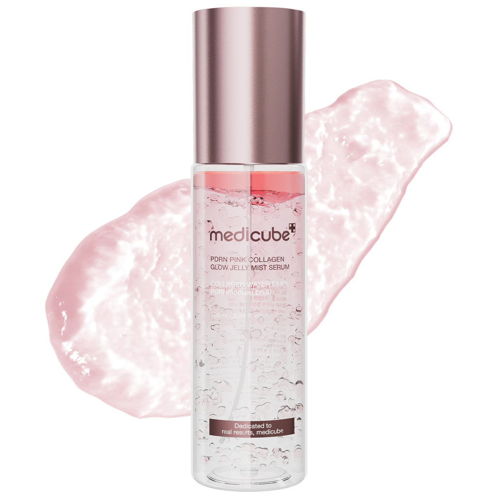 PDRN Pink Collagen Glow Jelly Mist Serum - Stylish Medicube in Hand