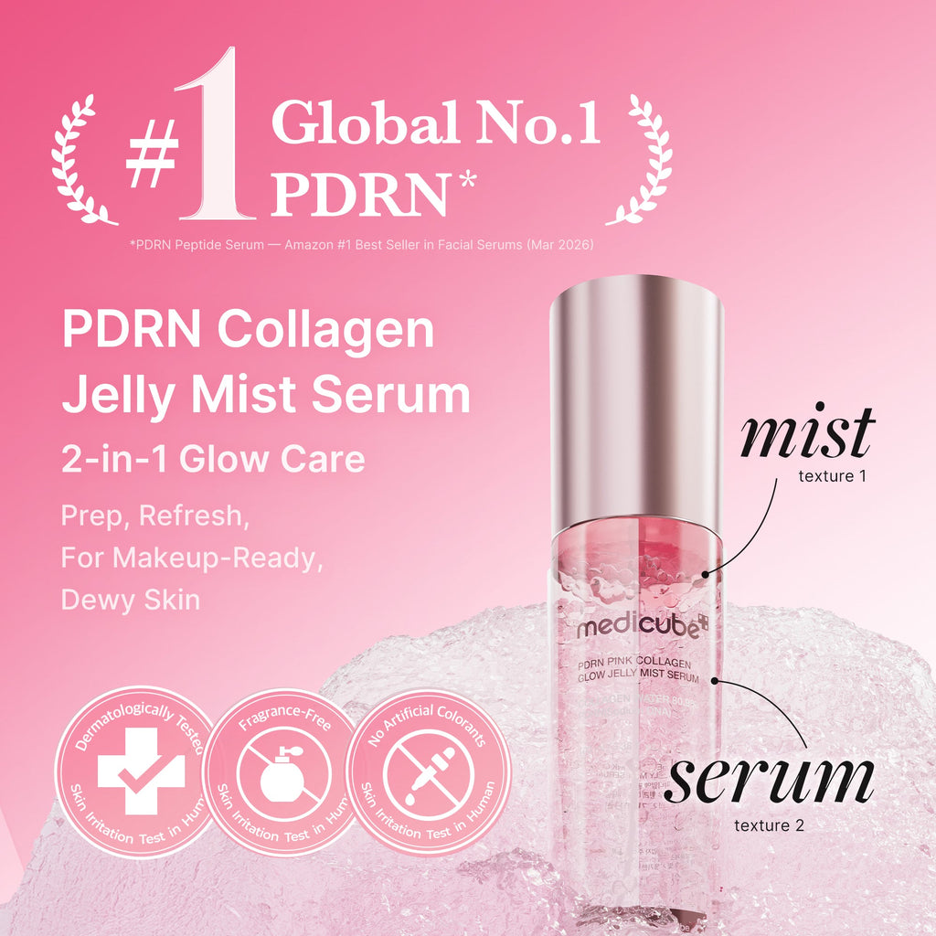 PDRN Pink Collagen Glow Jelly Mist Serum - Stylish Medicube in Hand